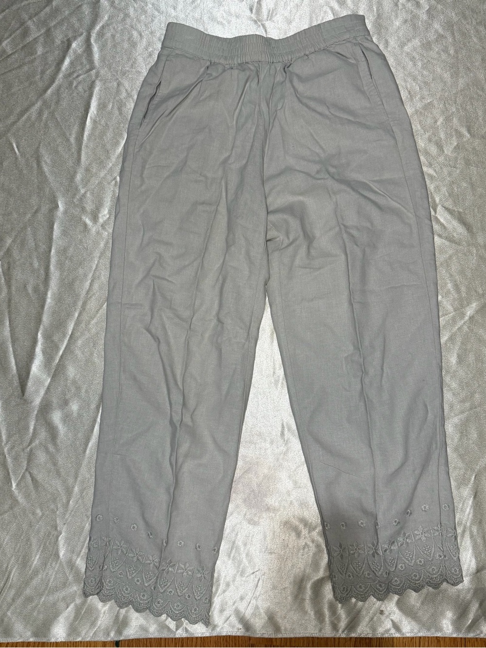 Susan Graver PURE Linen Reg Pull-On Embroidered Hem Crop Pants XS A575926